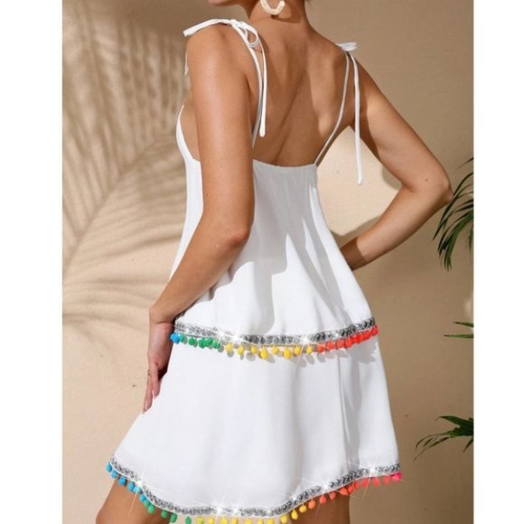 Boho Tie Shoulder Pom Pom Cami Mini Dress White - Picture 4 of 4